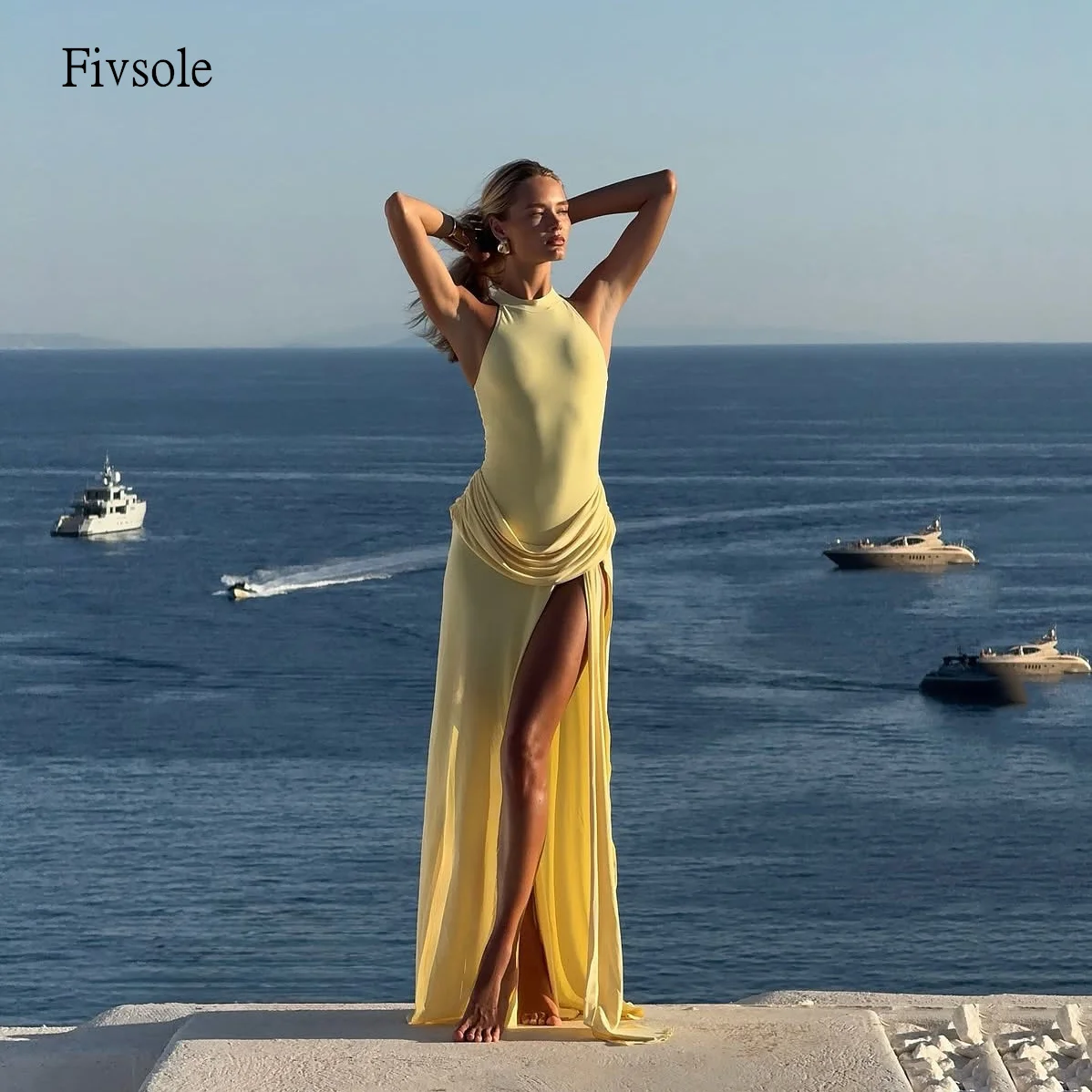 

Fivsole Sexy Yellow Halter Mermaid Prom Gowns Sleeveless Party Gown Side Slit Floor Length Evening Dress Customized