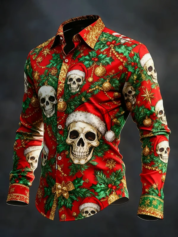 Gothic Christmas Skull Print Men's Long-Sleeve Shirt with Bell, Snowflake, and Skull Print Casual Fit for Christmas Celebrations