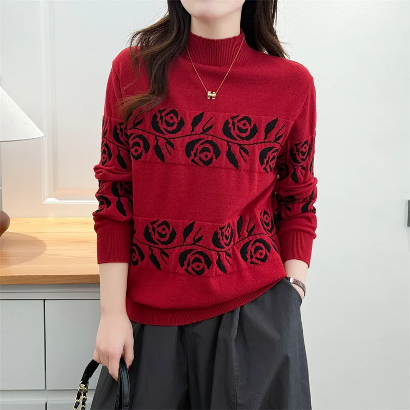 

Модные женские свитера больших размеров XXXXL, весна 2026, с жаккардовым узором «Розы», с длинными рукавами, воротником-стойкой, вязаные пуловеры 378