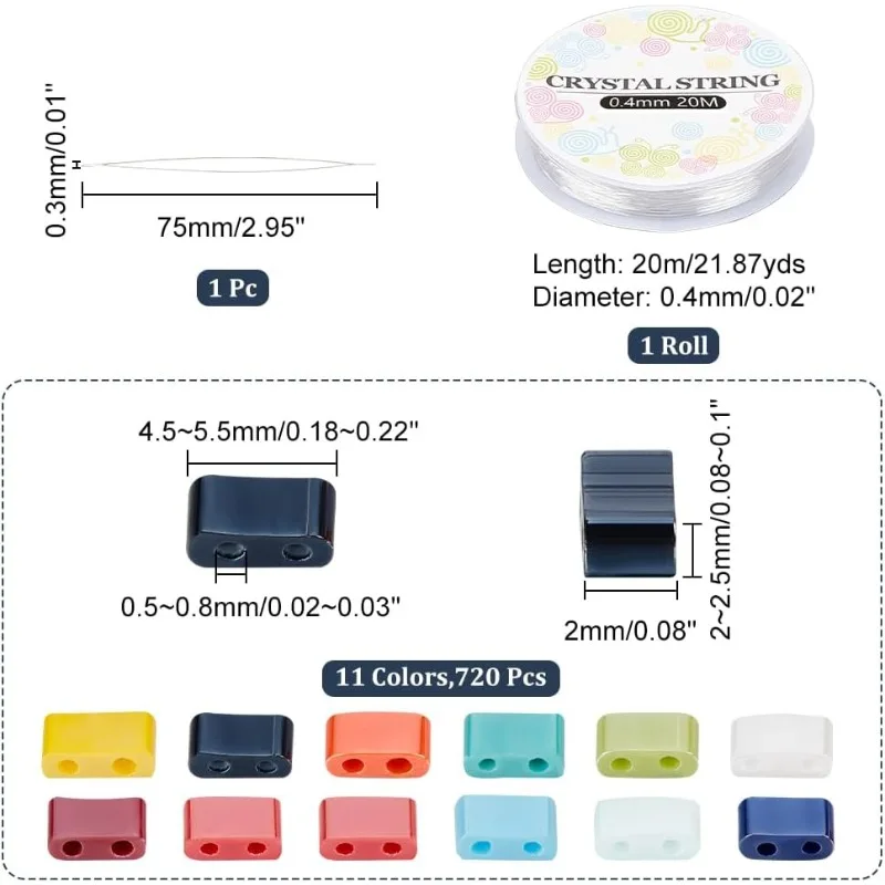 720pcs Tila Beads Bracelet Making Kit, Including 11 Colors 2-Hole Rectangle Glass Seed Beads, Big Eye Beading Needles, Elastic
