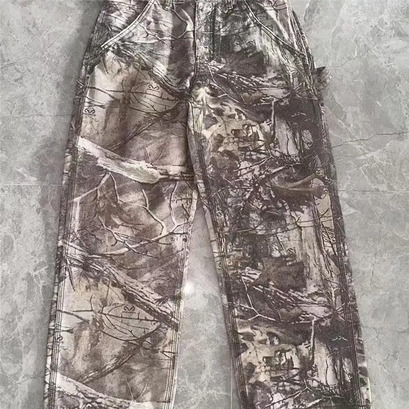 2025 New Style Washed Outdated Camouflage Logging Work Pants Branch Leaf Print Long Straight Leg Zipper Fly Sportswear