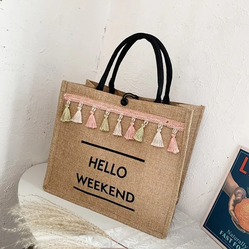 

Women Beach Bags Handbags Large Capacity Lady Tassel Shoulder Bag Big Letter Linen Totes Casual Girls Travel Shopping Bag