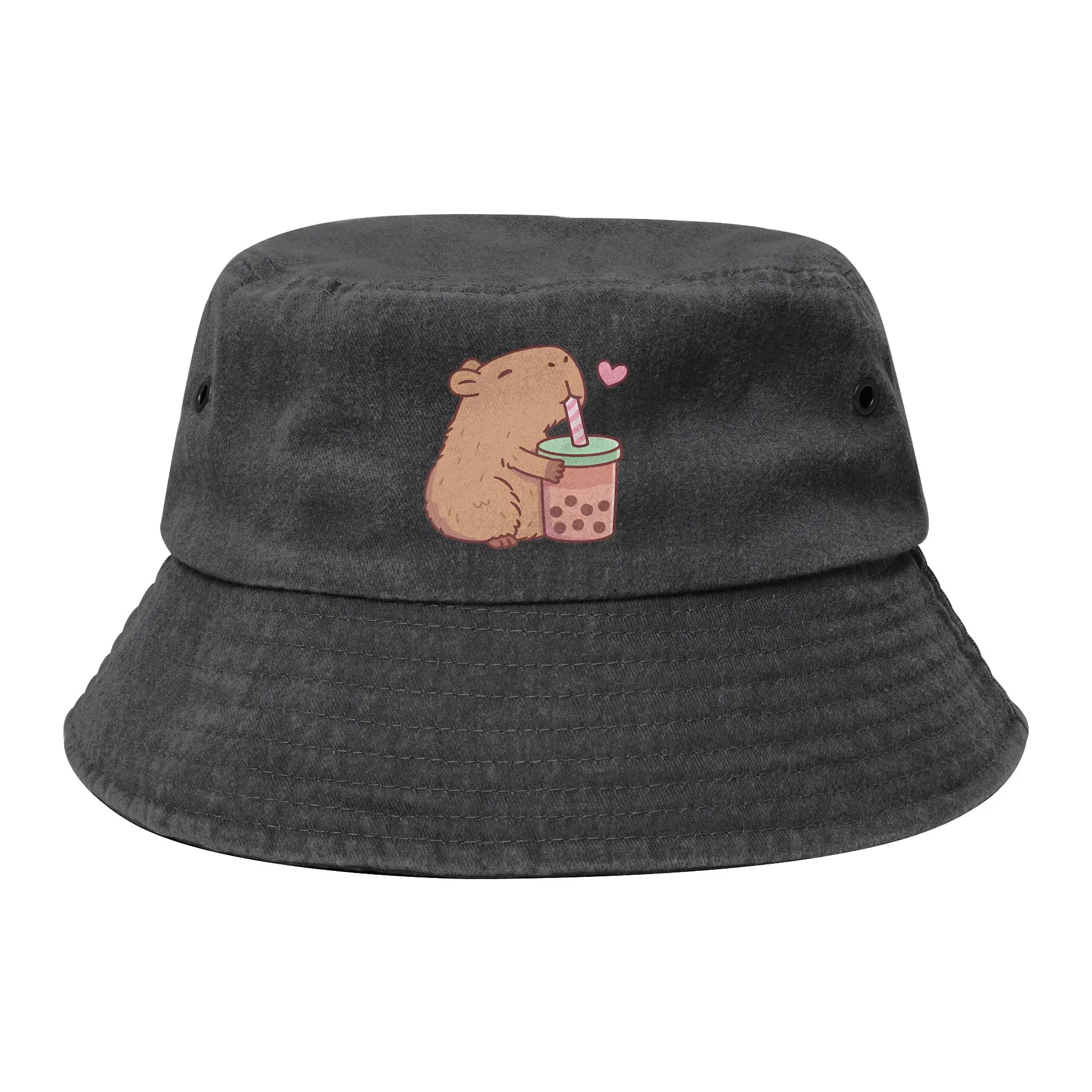 Unisex Distressed Cotton Bucket Hat Kawaii Capybara Animal Beach Outdoor Sports Fishing Fisherman Hat  Session Hat Gift Idea