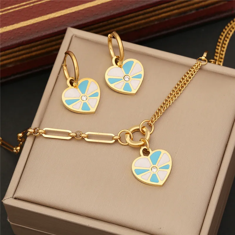 316L Stainless Steel Drop Glaze Love Pendant Titanium Steel Necklace Colorless Earring Set  Conjuntos Feminino Elegante