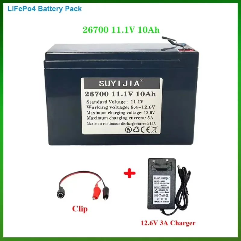 

LiFePo4 Rechargeable Battery 11.1V 10Ah 26700 12V Battery Pack 4000+ Cycle Solar Lighting Lithium Battery Built-in BMS