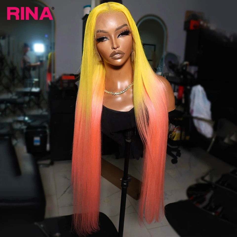 

Ombre Yellow Pink Colored 13X4 13x6 Lace Wig Straight Remy Huamn Hair Wig Peruvian Pre Plucked Hair Natural Wig For Black Women