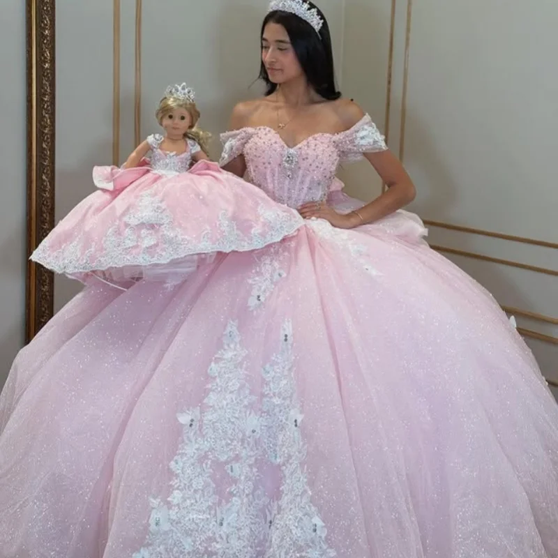 

Customized Shiny Pink Quinceanera Dresses Off the Shoulder applique crystal layering Long tail Bow Vestido De 15 Quinceanera