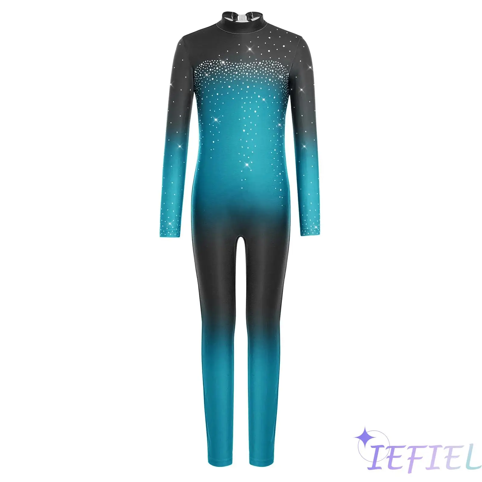 

Kids Girls Gymnastics Dance Gradient Color Jumpsuit Mock Neck Long Sleeve Shiny Rhinestones Bodysuit Figure Skating Dancewear