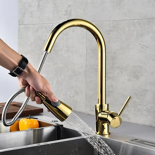 Gold Pull Out Kitchen Faucet Stainless Steel Hot Cold Kitchen Sink Mixer Tap Luxury Golden Pull Down Kitchen Mixer Faucets