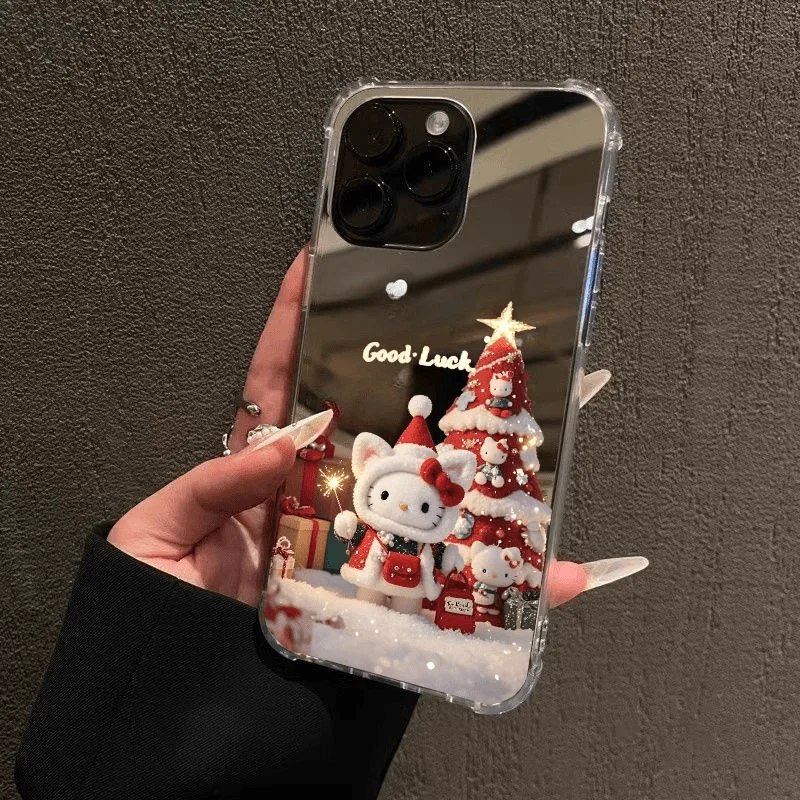 Christmas Presen Cute Hello Kitty Wish Tree Make Up Mirror Phone Case For iPhone 16 15 14 13 12 11 Pro Max Cartoon Hat KT Cover 