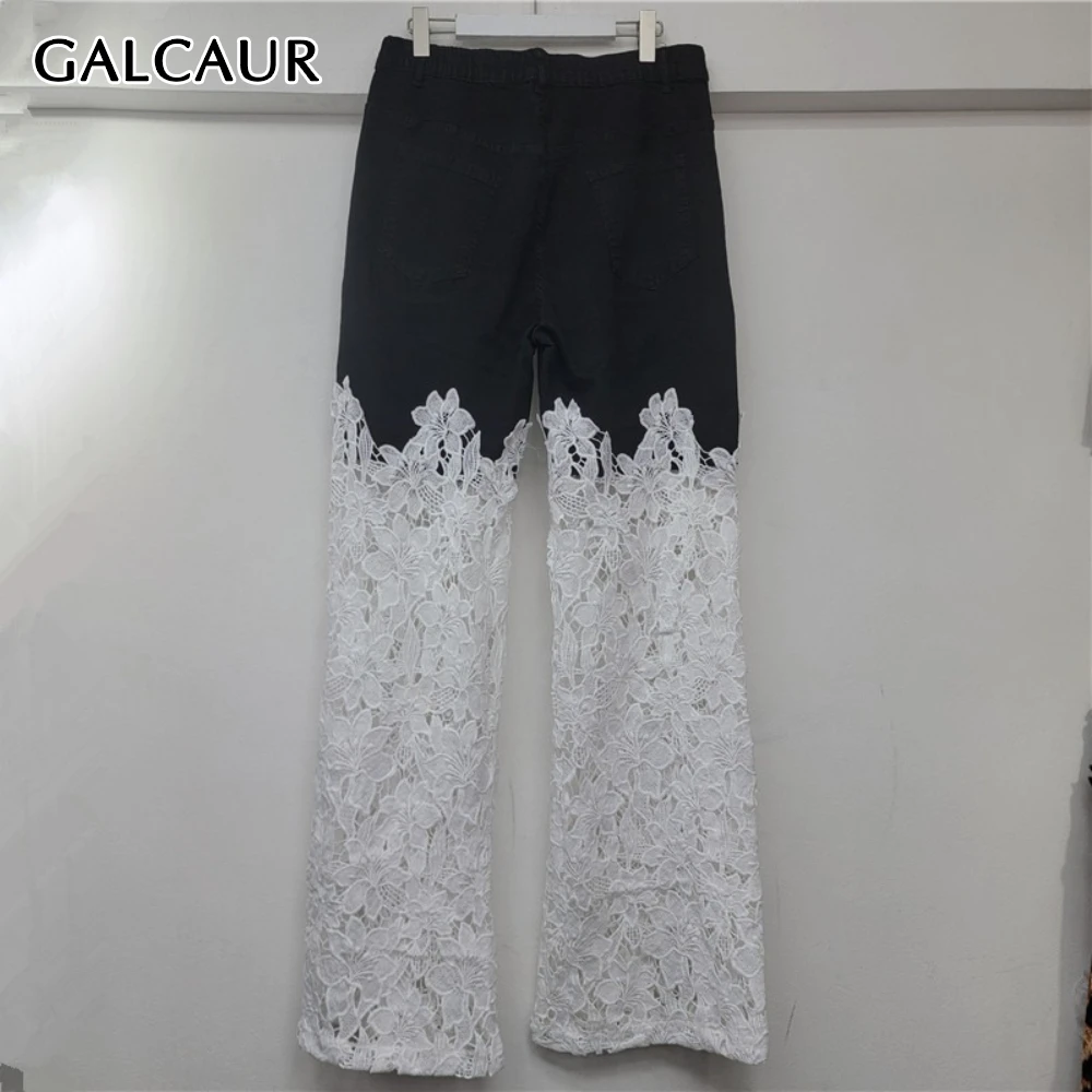 

GALCAUR Solid Spliced Hollow Out Trousers Female High Waist Loose Patchwork Lace Streetwear Women's Pants Autumn Fashion Style