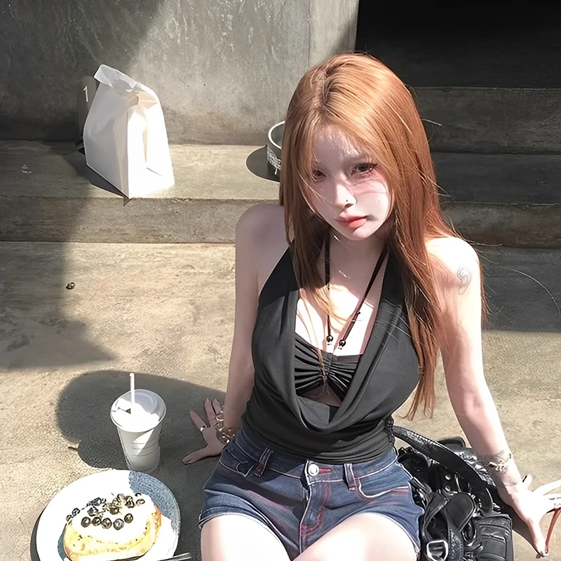 Camisola com gola halter de camada dupla feminina sexy bainha sem costas colete com contas