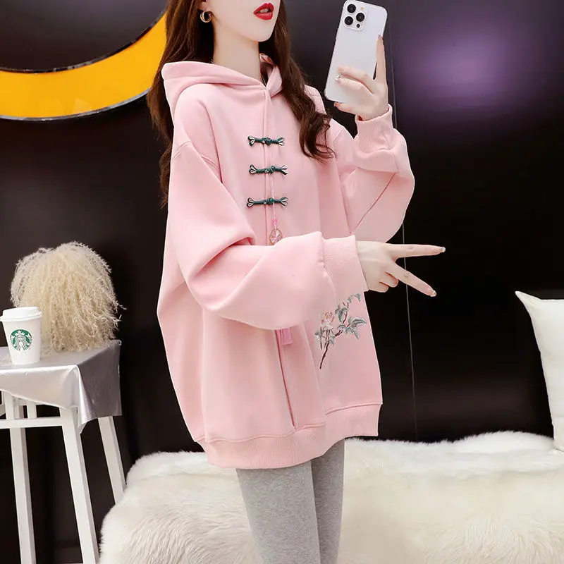 Chinese Style Elegant Embroidered Fleece Hoodies Women Autumn Winter Fashion Buttons Solid Color Coat All-match Temperament Tops