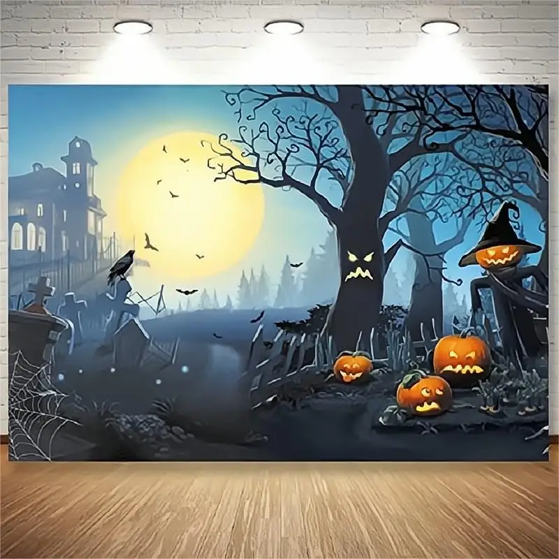 Halloween Cemetery Backdrop Photography Pumpkin Tombstone Skull Scary Night Misty Party Photo Background Girl Birthday Studio