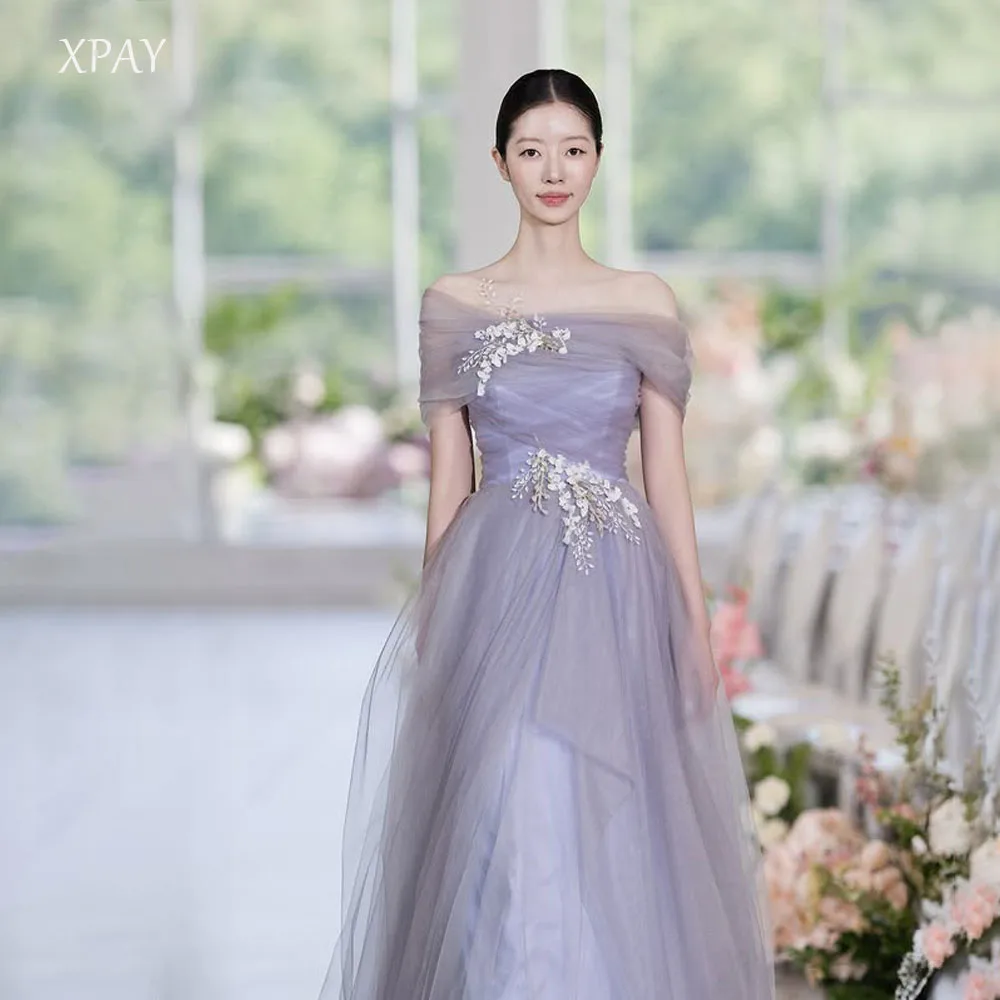 

XPAY Fairy Purple Handmade Flowers Korea Evening Dresses Off Shoulder A Line Floor-Length Wedding Photo Shoot Pleat Bride Gown