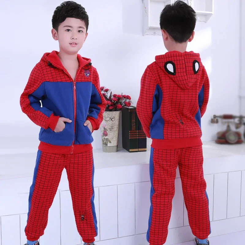 Movie Spider-Man Creative Girls Boys Fleece Coat Pants Autumn and Winter One-piece Hooded Plus Velvet Comfortable