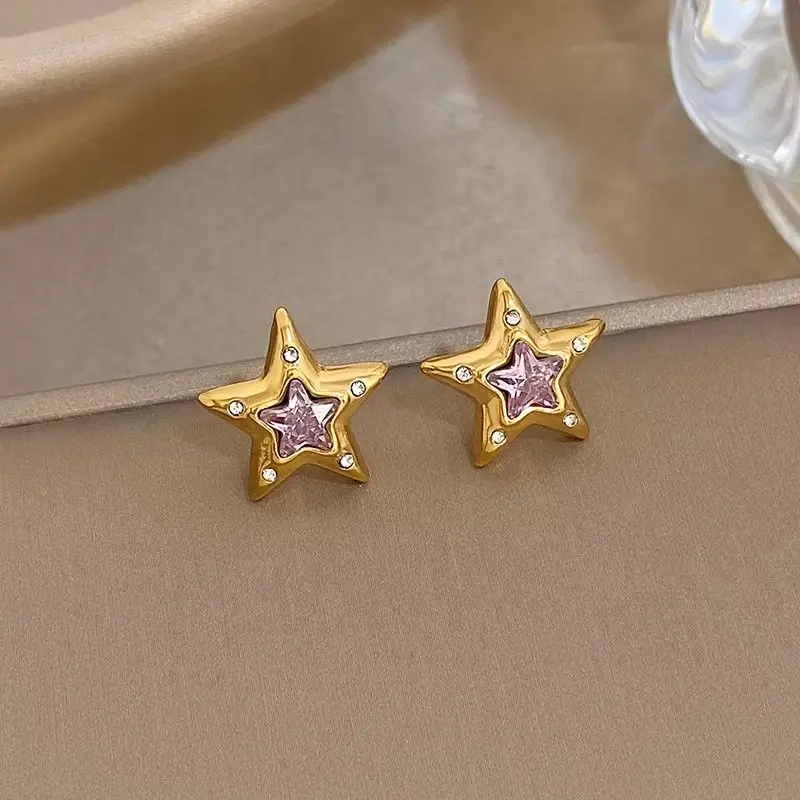 DODOHAO Simple Pink Zircon Star Stainless Steel Stud Earrings for Women Fashion Gloss Golden Waterproof Earrings Charm Jewelry