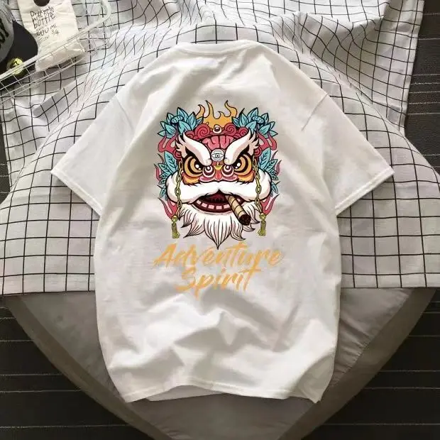 Adventure Spirit White Tshirt Lion Dance Head Print with Blue Red Gold Details Cigar in Mouth Unisex Cotton Streetwear Casual