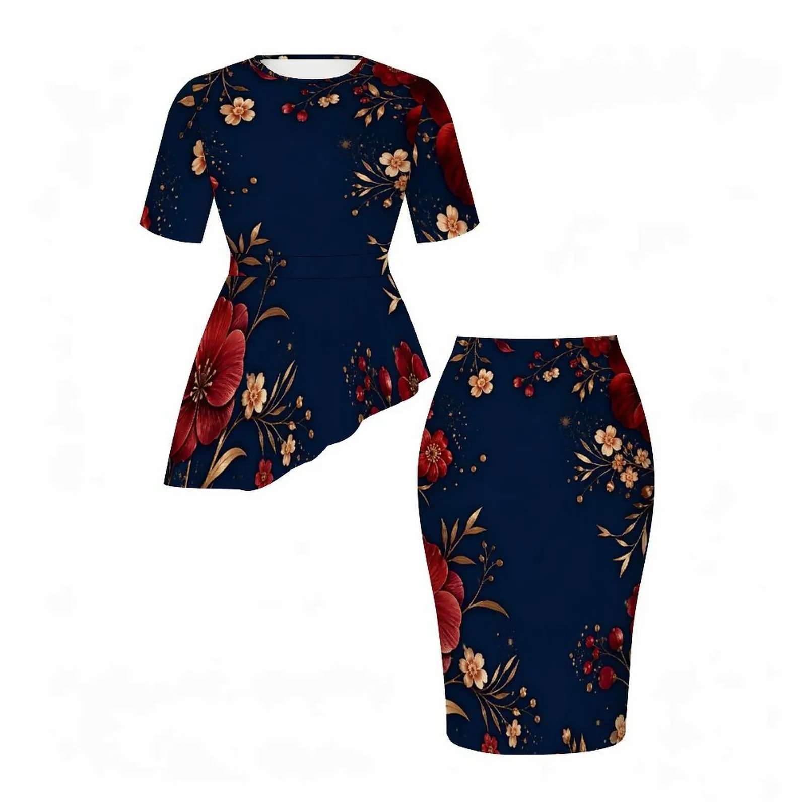 Women White Floral Butterfly Printed Round Neck Short Sleeve Asymmetric Top And Fitted Skirt Two Piece Set