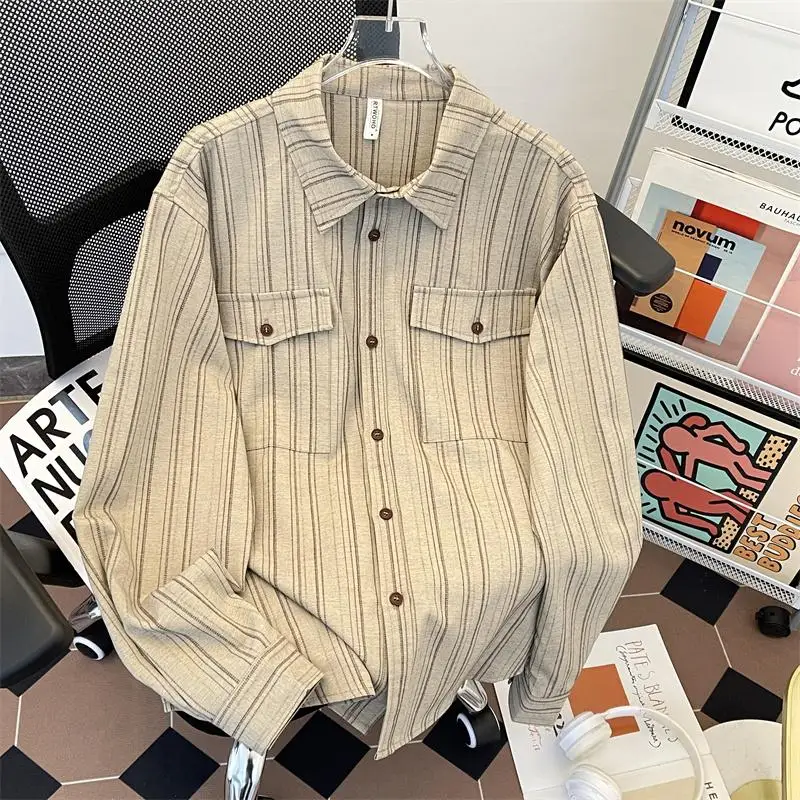 

Spring Japanese Style Retro Striped Long Sleeve Shirt Unisex Commute Casual Loose Couple Style Pocket Shirt Jacket
