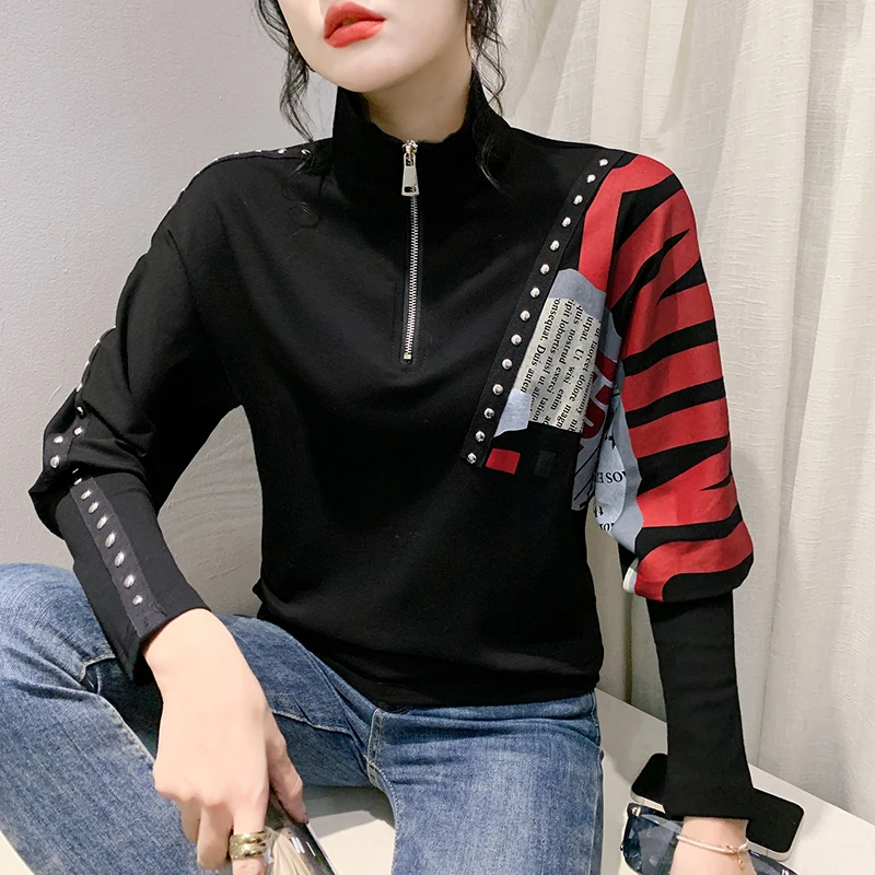 MadBlack European Clothing Tshirt Women Turn Down Collar Print Zipper Diamonds Slim Tops Long Sleeve Tee Autumn Winter T306100JD