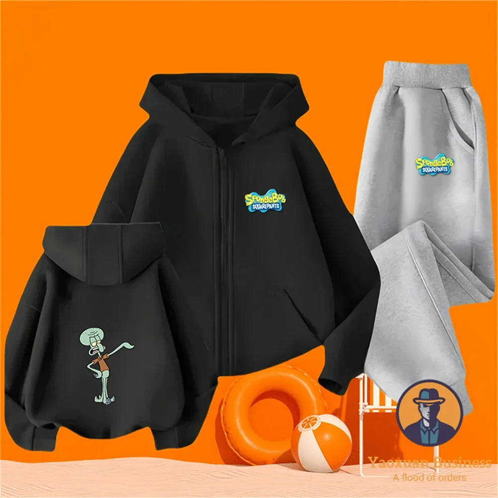Elegante Chándal de Algodón Puro con Cremallera, Diseño Icónico de Bob Esponja, Ropa de Otoño e Invierno