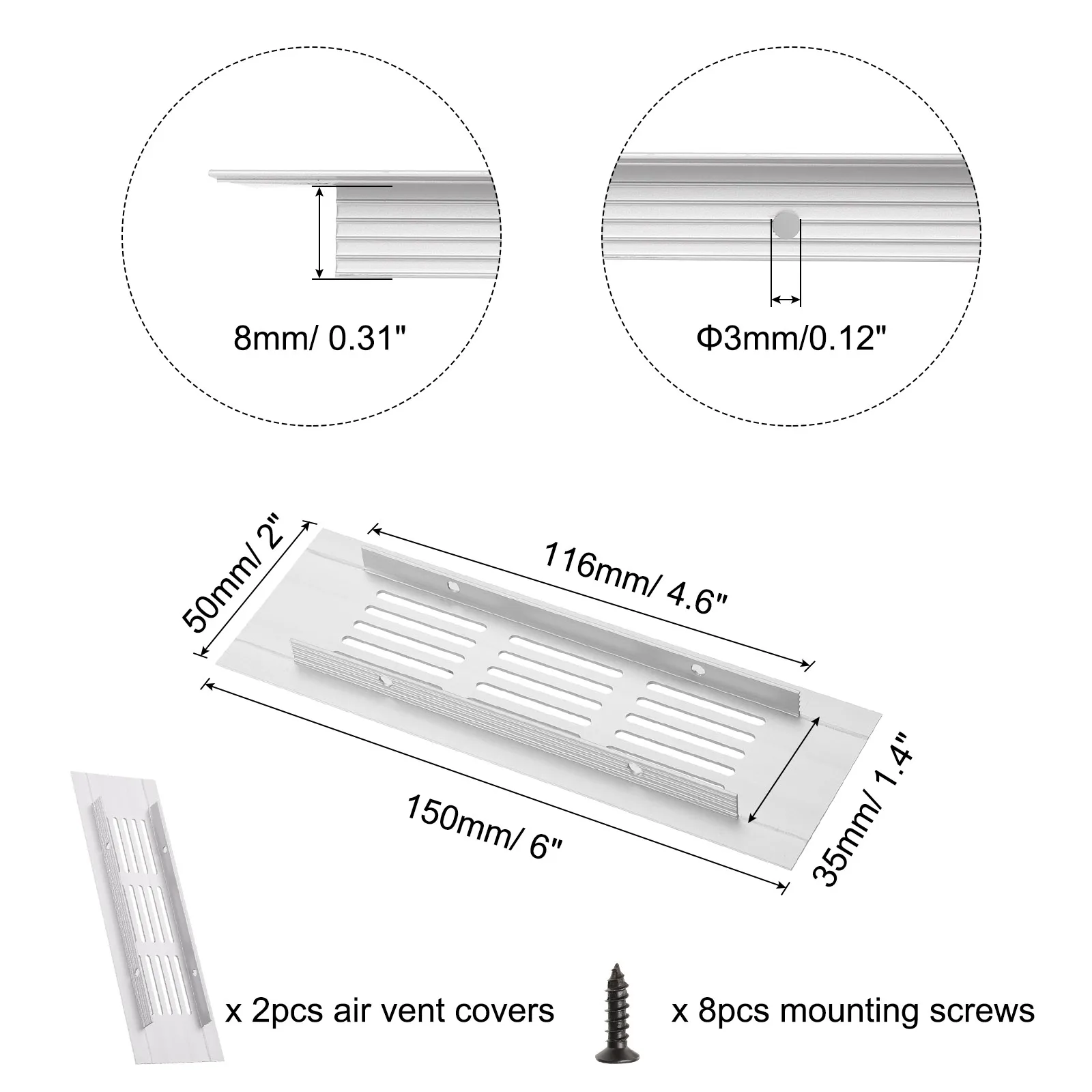 2Pcs Rectangle Ventilation Grille AluminumAlloy Mesh Air Vent Cover Louvered Exhaust Ventilation Grille with Screws Silver Tone