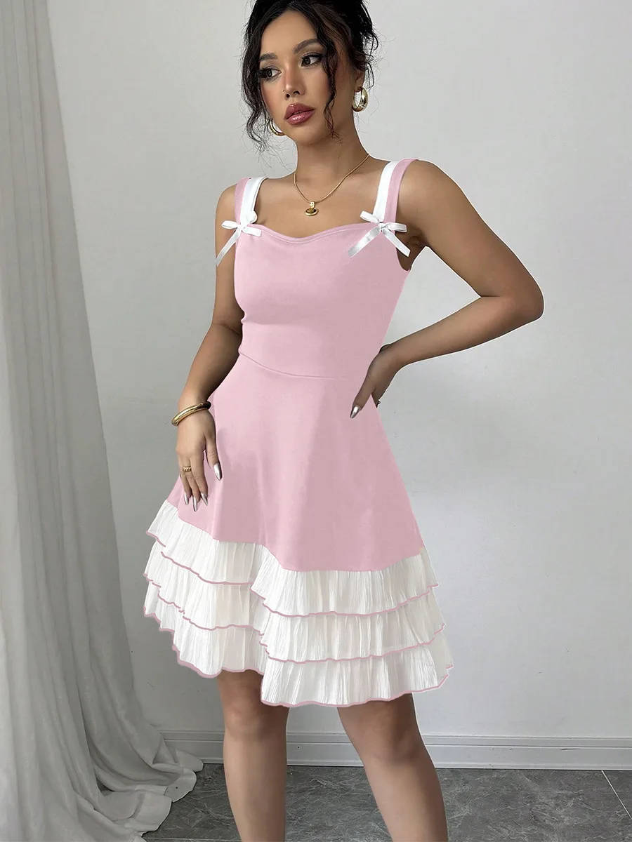 2025, Sommer-Damenkleid mit grenzüberschreitenden Trägern, Farbblock, mehrlagiger Kuchenrock, normale Taillenlinie, Hosenträger, Party-Club-Kleid