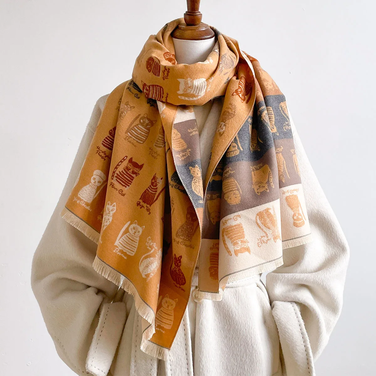 Winter Ladies Elegant Retro Cute Cartoon Kitten With Script Cashmere Feel Scarf Large Size Soft Fringed Shawl Wrap For Daily