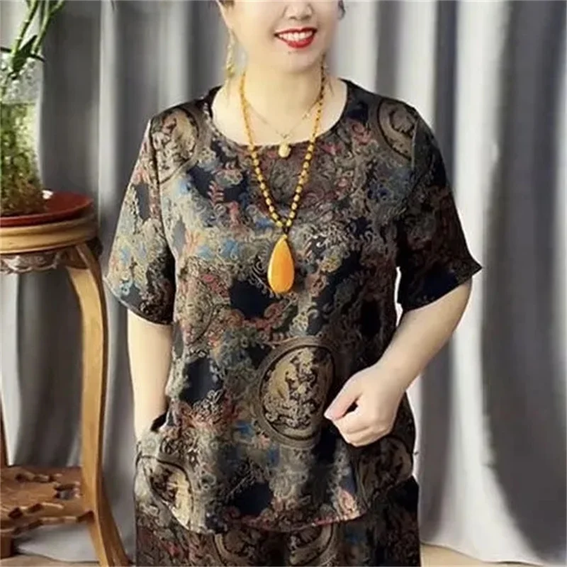 Middle-Aged  Elderly Mothers Summer Women 2022 New Fashion Loose  Thin Retro Printing Two-Piece Set