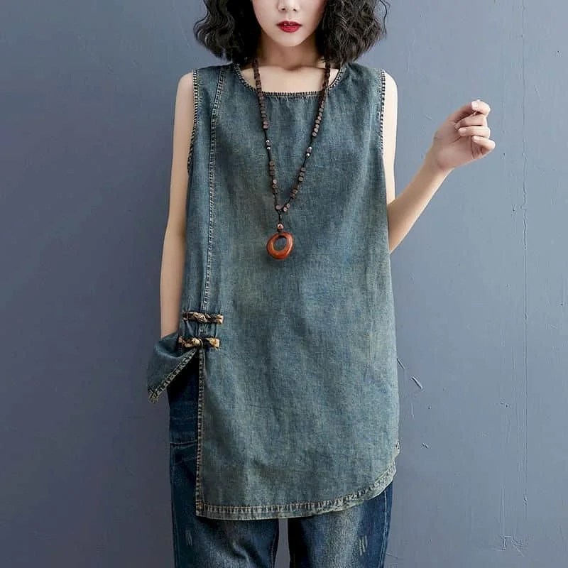 

Denim Vest for Women O-neck Soild Casual Korean Style Loose Sleeveless Cropped Irregular Design Tops Summer Sale Women Clothing