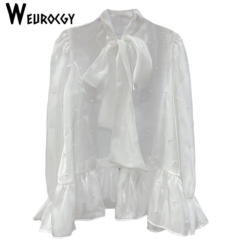 Women Blouses 2023 Autumn New Style Korean Edition New Style Versatile Fashion Bow Bandage See Through Elegant Long Sleeve Top