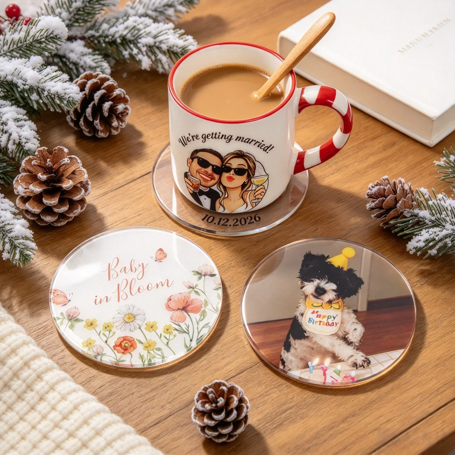 Customized wedding coasters, elegant wedding decorations, personalized acrylic coasters, unique wedding souvenirs
