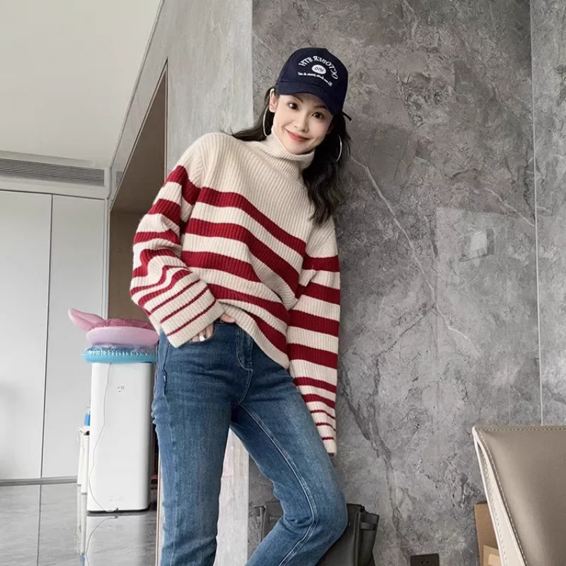

Color bar turtleneck sweater women's large size loose knitwear wool soft waxy pullover autumn winter lazy red striped base shirt