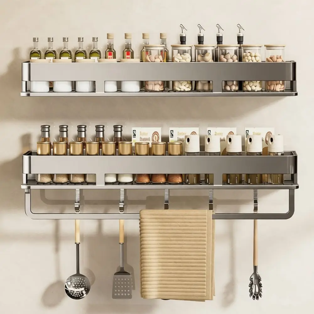 Kitchen Spice Rack Wall Mounted Seasoning Organizer Carbon Steel Storage Shelf Punch Free Kitchen Utility Holder