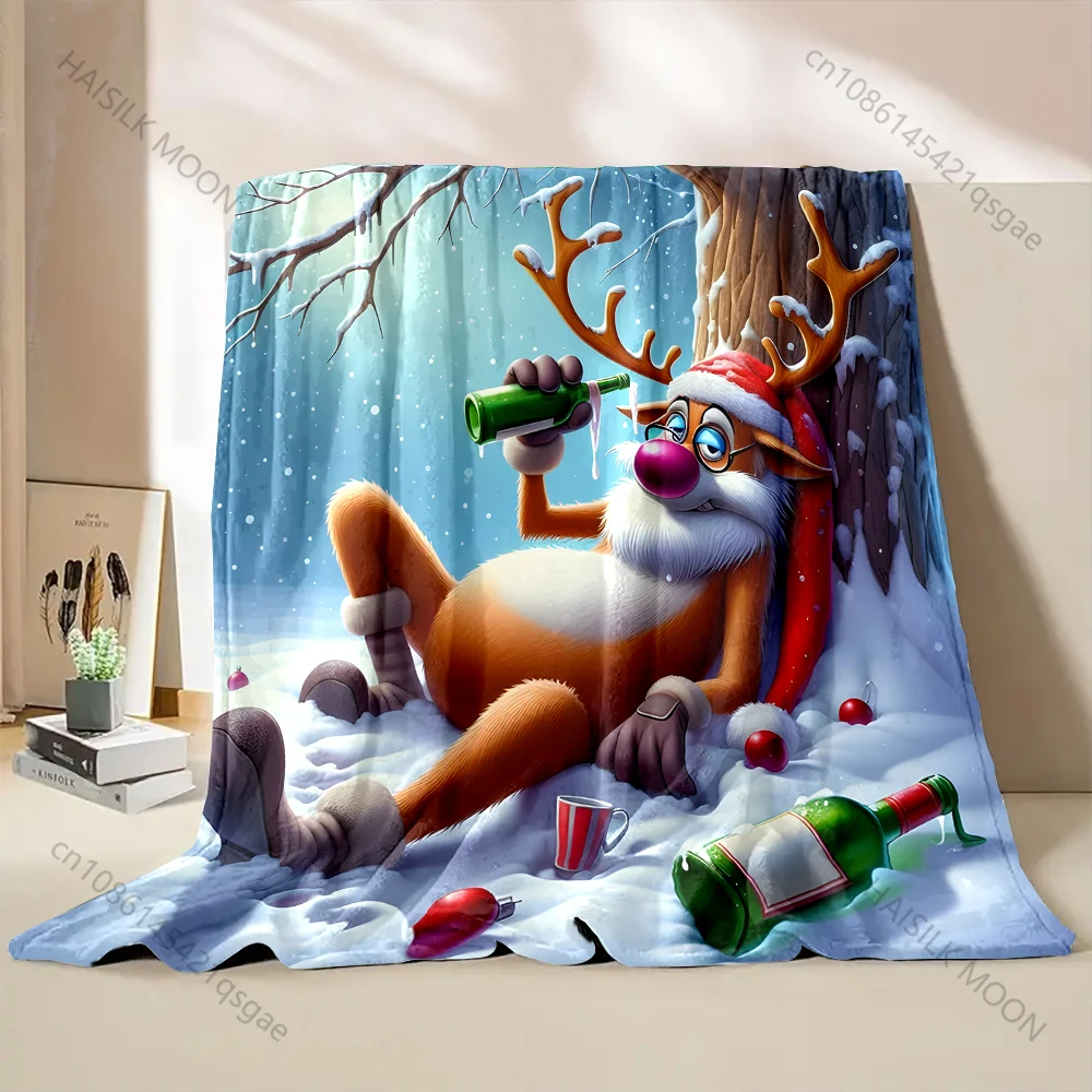 Festive Reindeer Lounging with Bottles Pattern Blanket Flannel Material Soft Warm for All Seasons Home Outdoor Camping Picnics