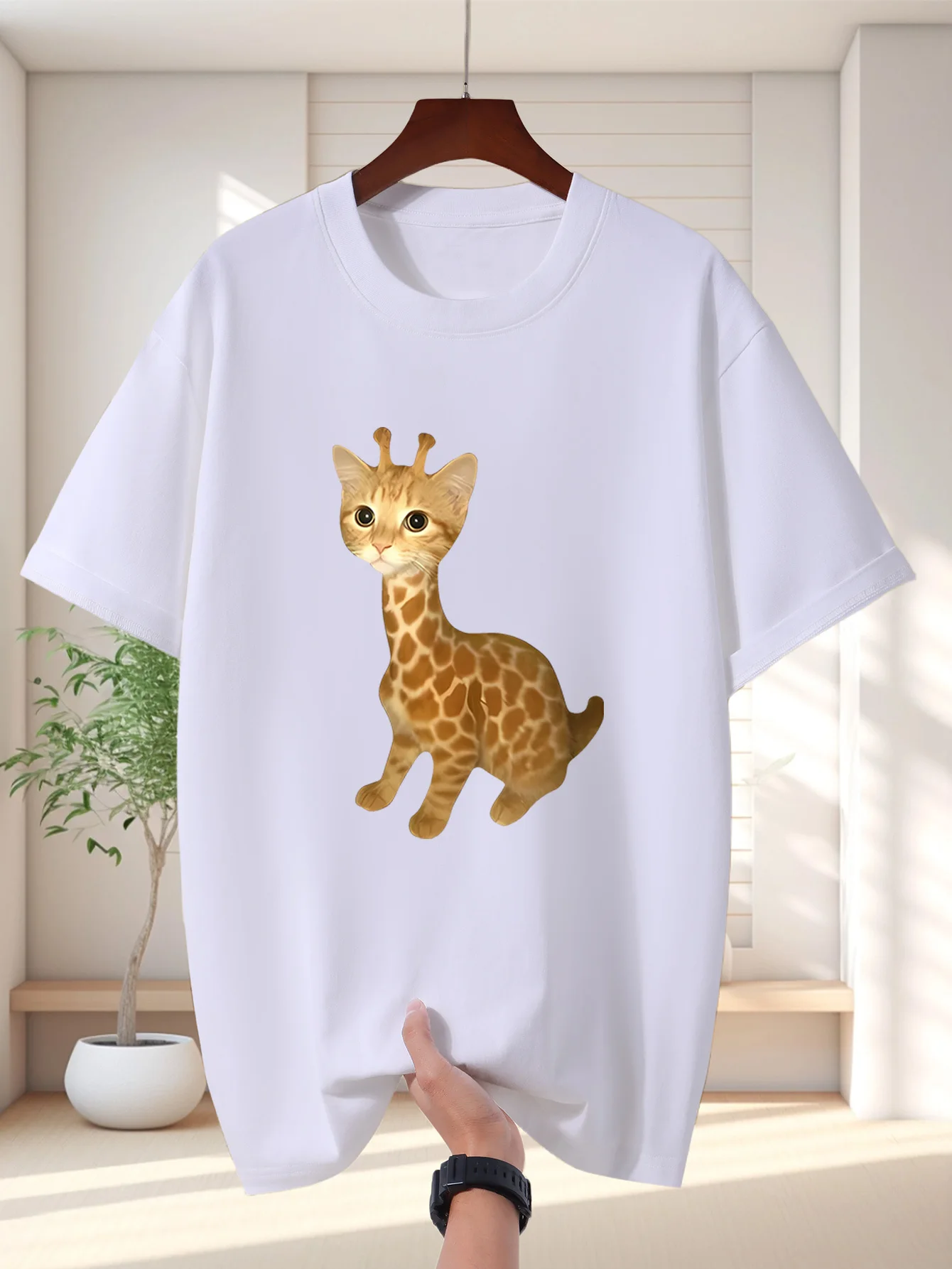 Cute Giraffe Cat Hybrid Mens Crew Neck T Shirt Fantasy Creature Graphic Short Sleeve Tee Animal Lover Casual Male Street Tops