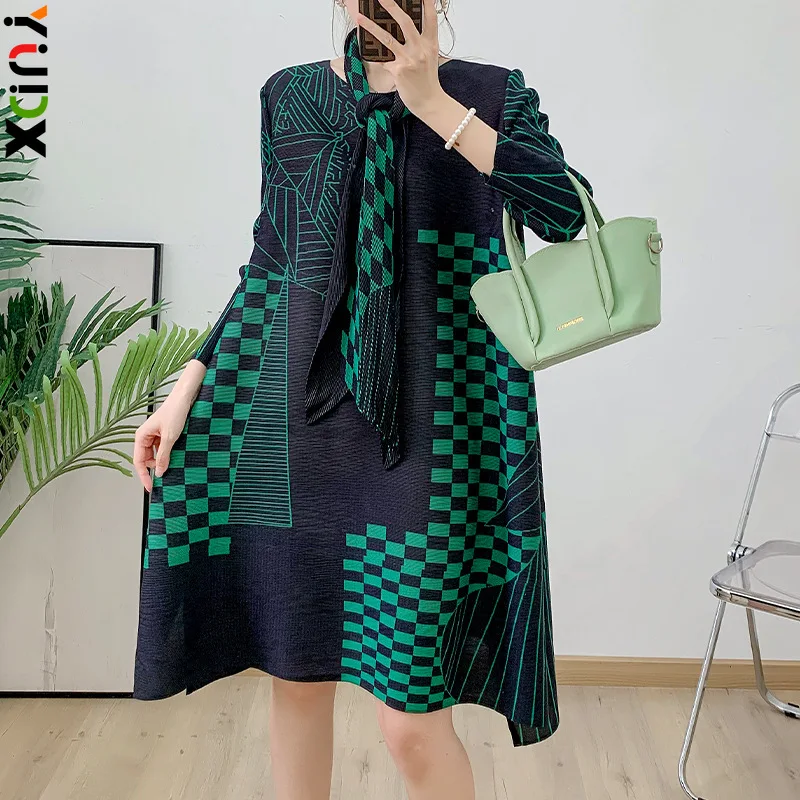 

YUDX Pleated Loose Plus Size Vacation Style Fashion Printed Women's Dress Scarf Neck Slim Skirt 2024 Summer New