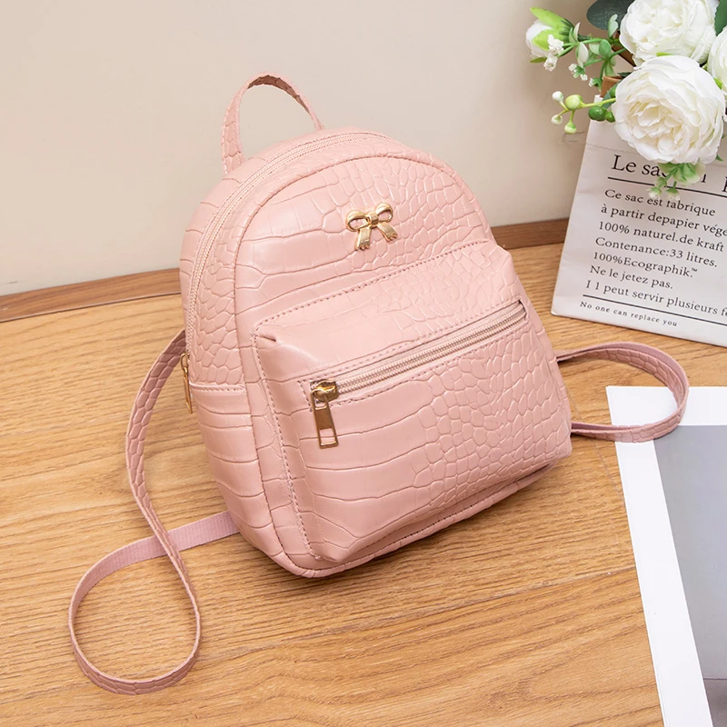 New Retro Lady Casual Fashion Crocodile Pattern Small Fresh Bow Backpack