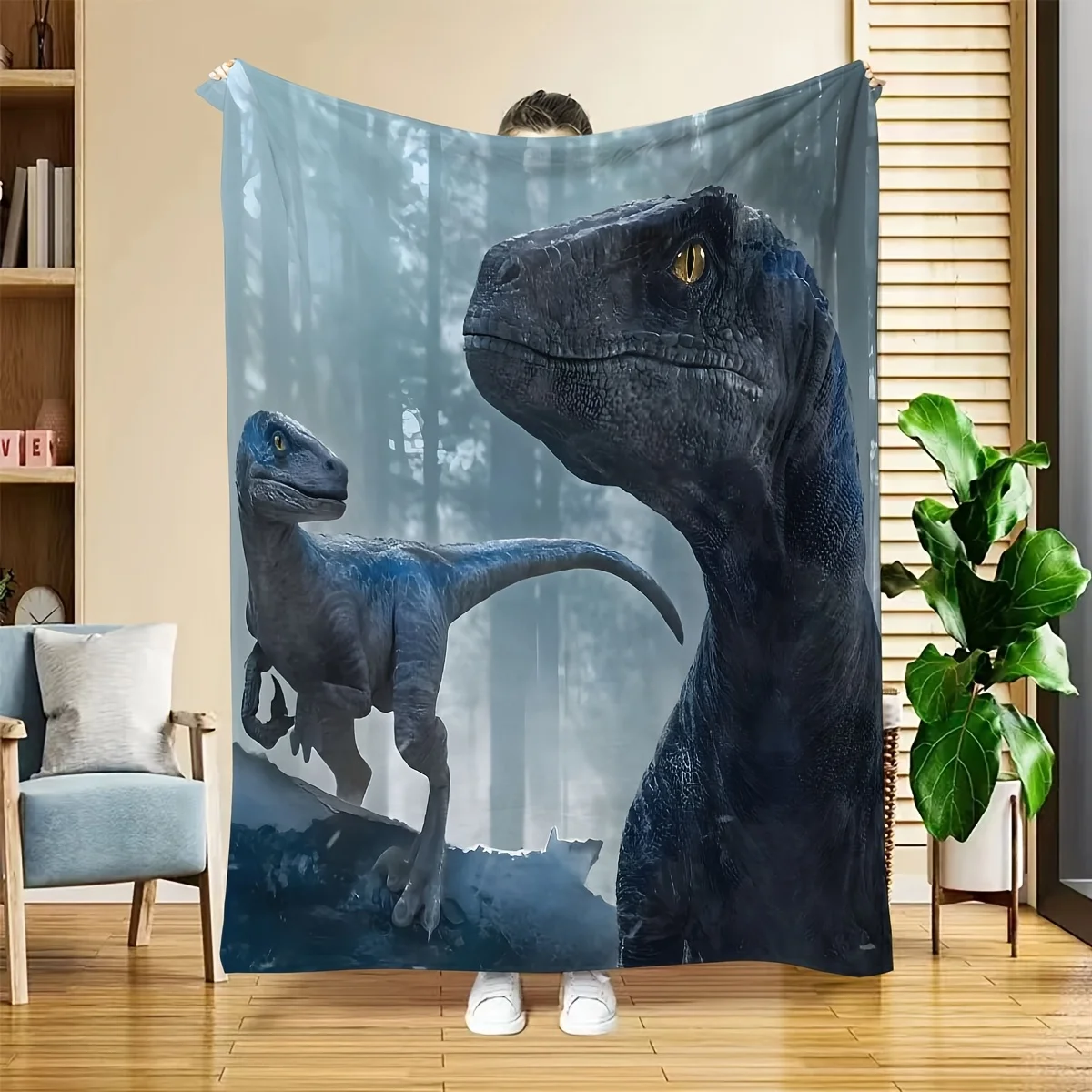 Jurassic Dinosaur Print Throw Blanket for Kids Bedding Bedroom Decor Cute Raptor Design Plush Cozy Fleece Throw Gift for Boy