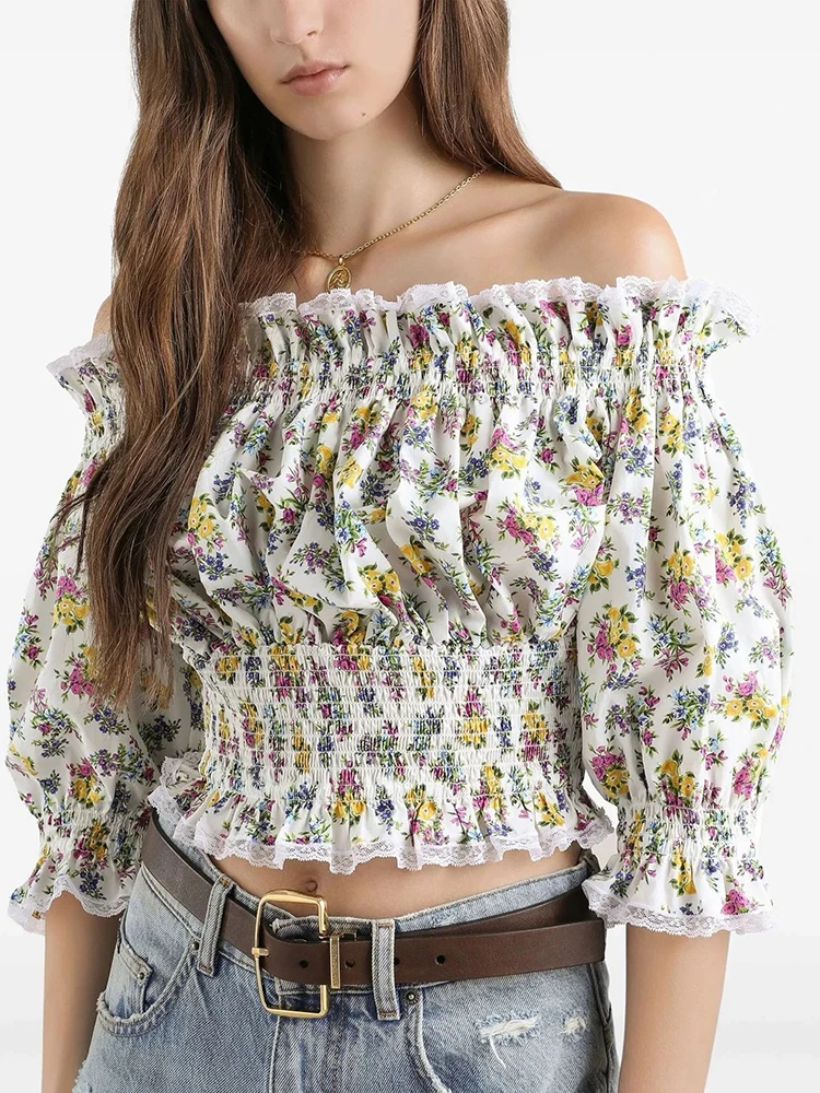 

Летняя модная блузка в курортном стиле с цветочным принтом, приталенная, с вырезом-лодочкой, эластичным поясом и декоративным подолом, женская сексуальная рубашка