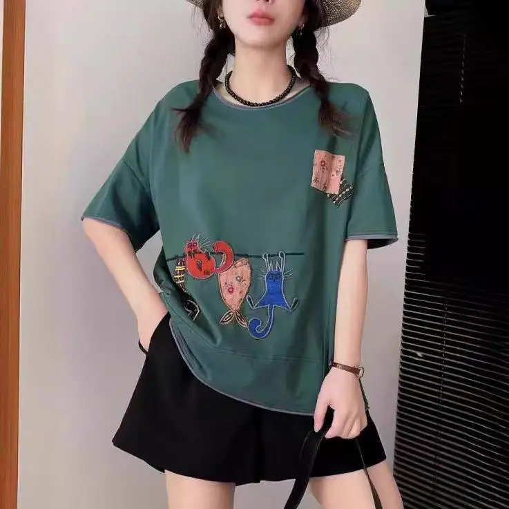 Dimanaf 2024 New Summer Women T-Shirt Basic Short Sleeve Cat Embroidered Printing Loose White Casual O-Neck Big Tops T-Shirt New