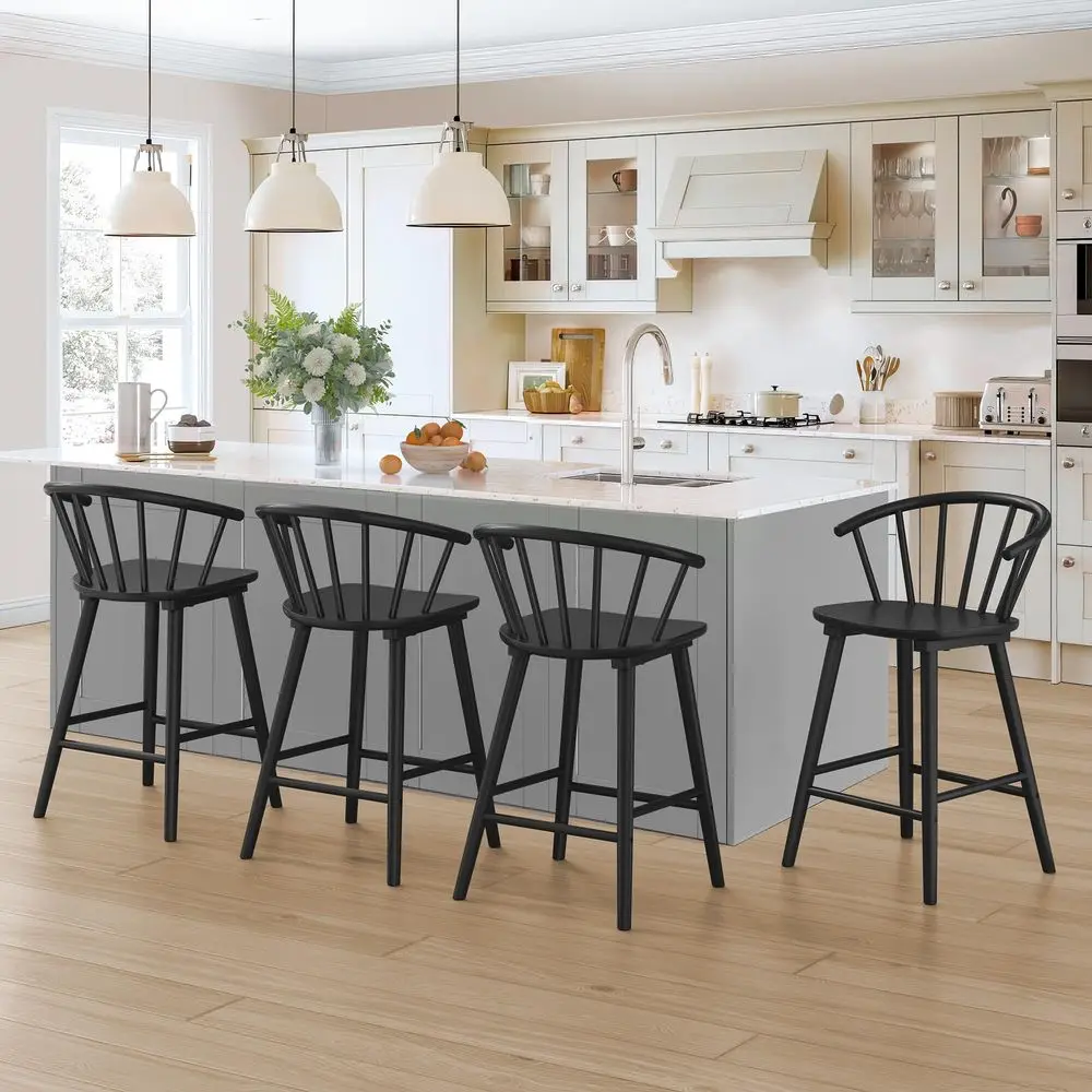 

Bar Stools Set of 4, Black Farmhouse Barstools with Semicircular Backrest, Mid Century Modern Counter Height Bar Stools for Kit