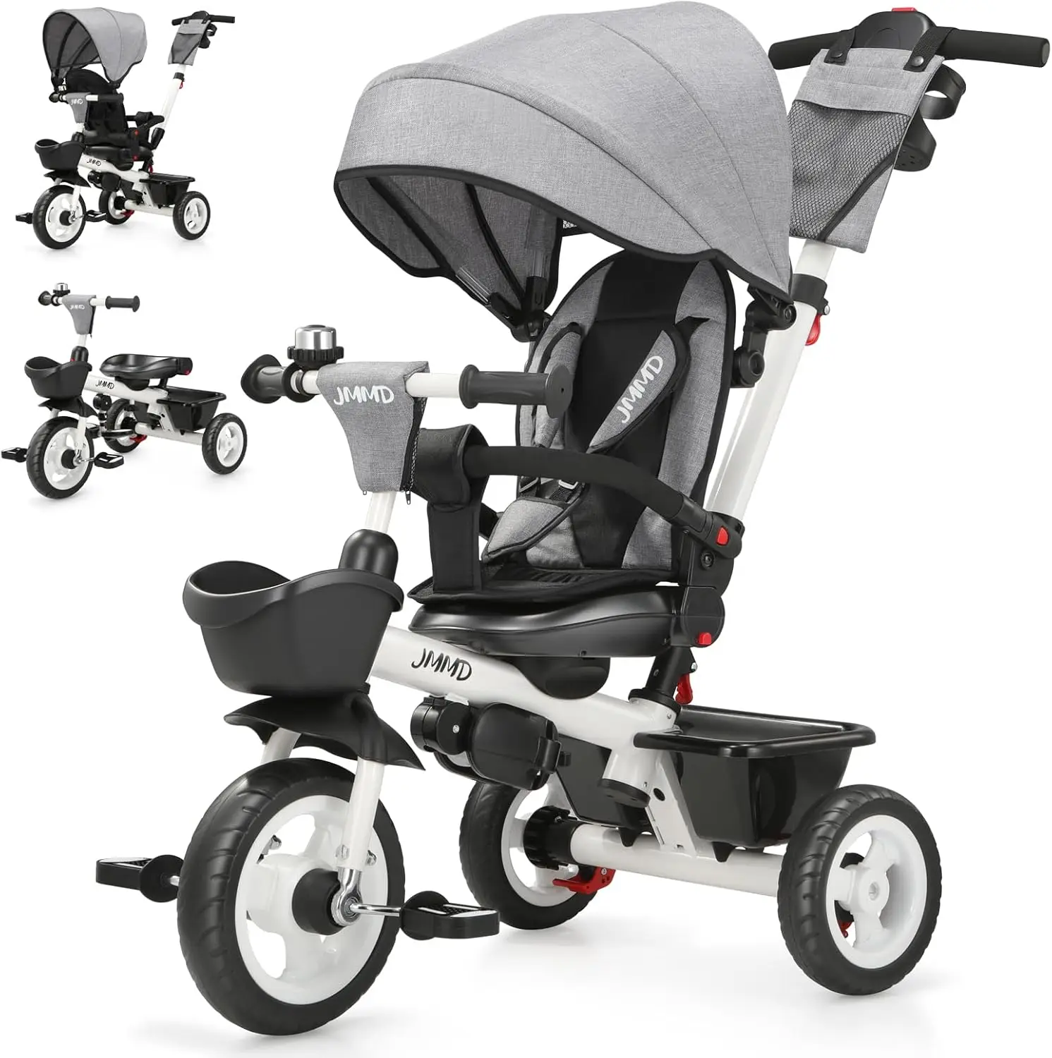 

6 in 1 Tricycle Stroller with Push Handle, 360° Swivel Seat, Reclining Backrest, All-Terrain Wheels, Dual Brakes, Canopy &