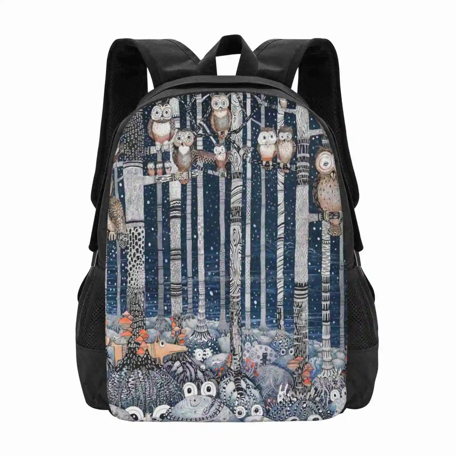 Owl Forest Teen College Student Backpack Pattern Design Bags Forest Tree Eyes Look Owl Fox Rabbit Sleep Snow Night Dark