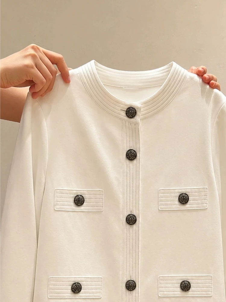 Cardigan Women Elegant Lady Round Neck Topstitch Metal Button Straight Cropped Premium Office Minimalist Chic Fashion Jacket