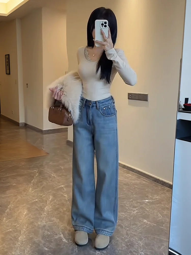 Jean en Denim à jambes larges pour femme, Slim, taille haute, bleu clair, pantalon Tube droit, décontracté, automne hiver