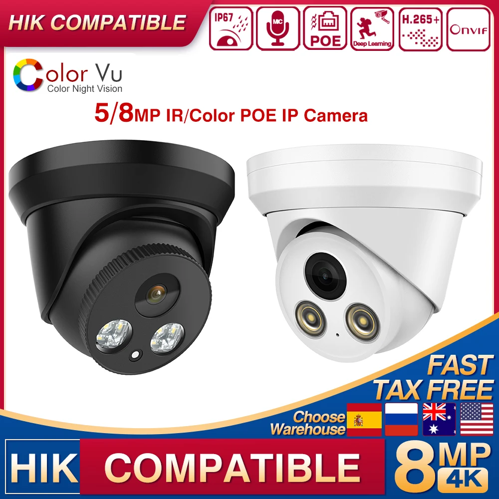 

Hikvision совместимая 5MP 8MP 4K ColorVu купольная домашняя IP-камера POE ИК полноцветная камера ночного видения со встроенным микрофоном видеонаблюдения