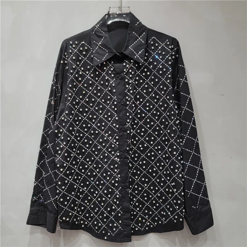 DEAT Women's Shirt Loose Diamond Shape Rhinestone Black Single Breasted Lapel Thin Blouse Spring 2025 New Fashion 29L9268