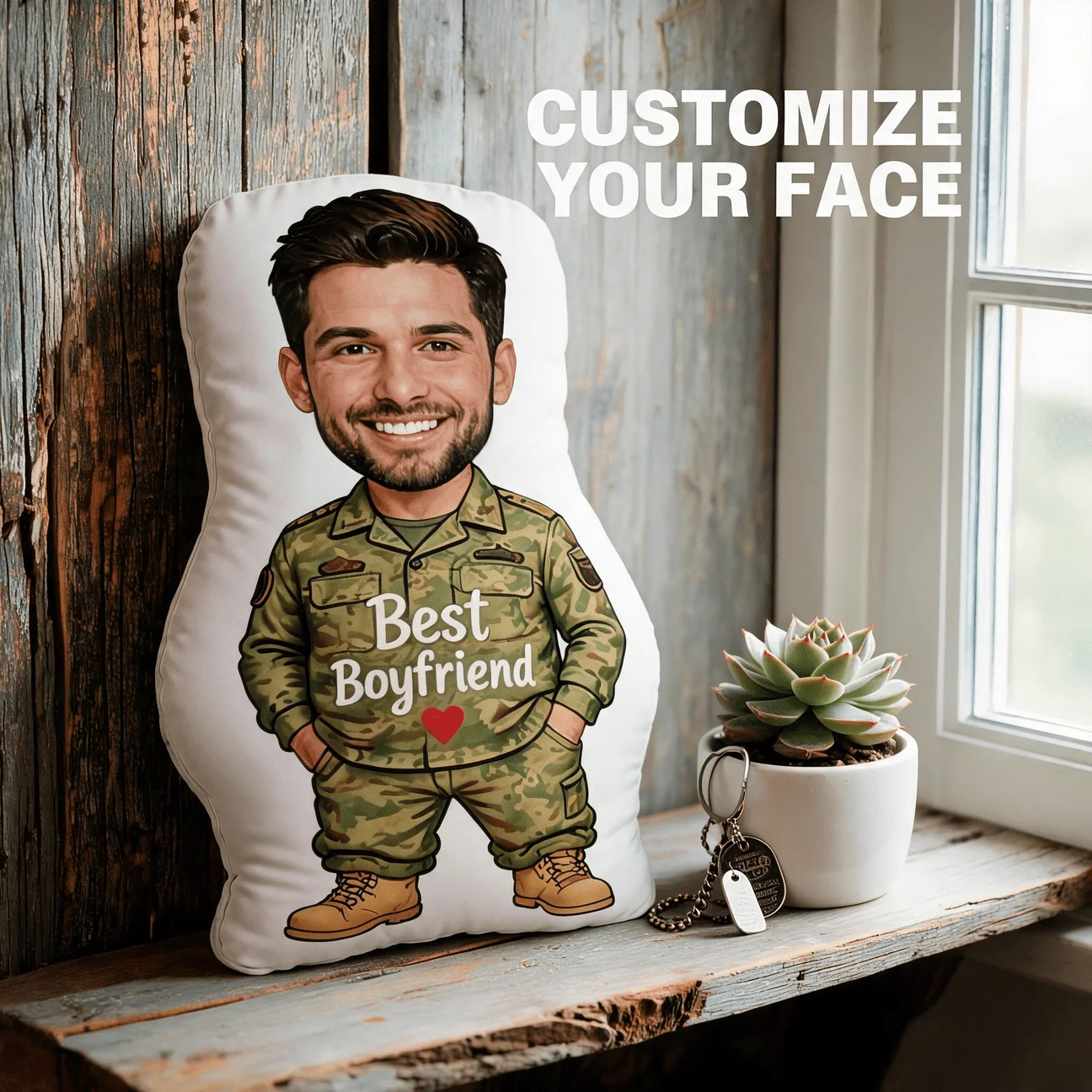 Personalized Photo Custom Shaped Pillow, Military Style Man Portrait Decorative Cushion, Unique Home Decor Accent for Sofa & Bed